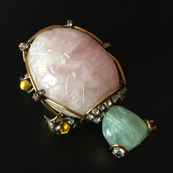 IRADJ MOINI Vintage Costume Jewelry Large Turtle Gemstone Brooch Pin Pink Quartz - Picture 8 of 11